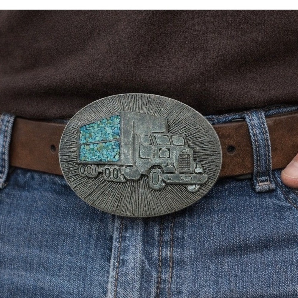 Vintage Western‎ Semi Truck Belt Buckle Turquoise Inlay Mens Novelty Trucker